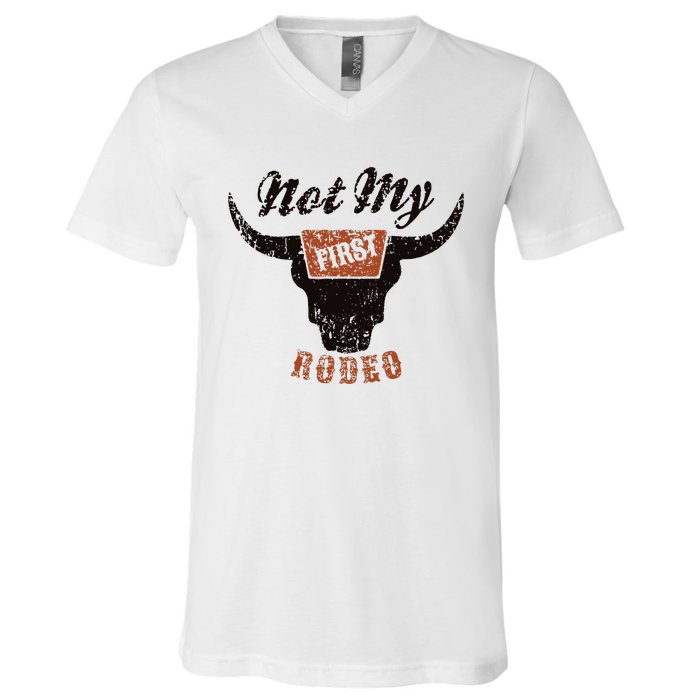 Retro Bull Skull Not My First Rodeo Western Country Cowboy V-Neck T-Shirt