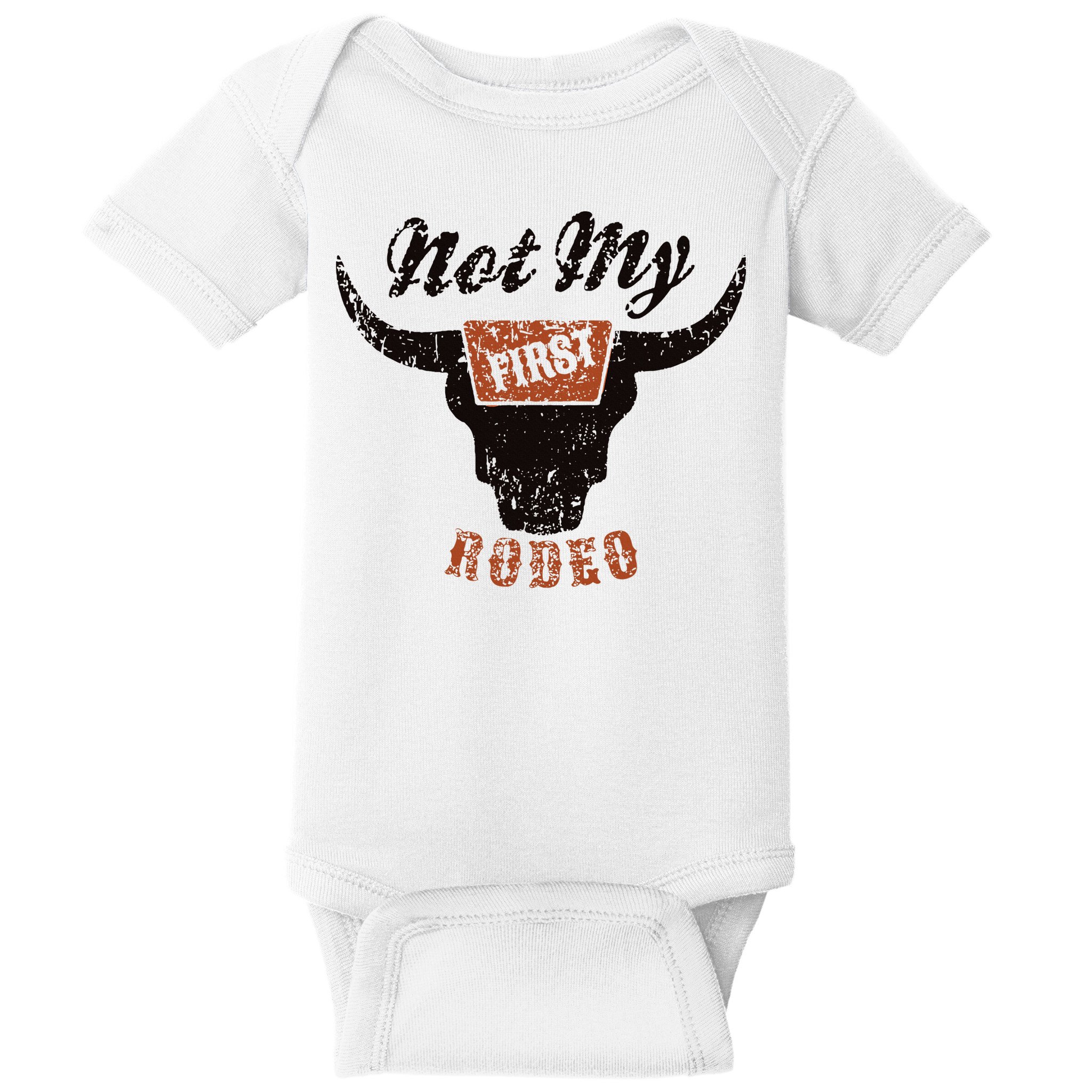 Retro Bull Skull Not My First Rodeo Western Country Cowboy Baby Bodysuit