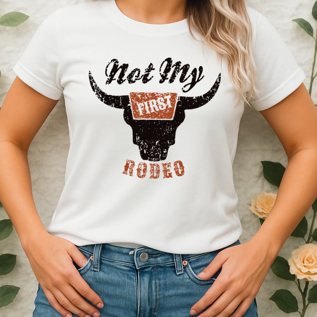 Retro Bull Skull Not My First Rodeo Western Country Cowboy Womens T-Shirt