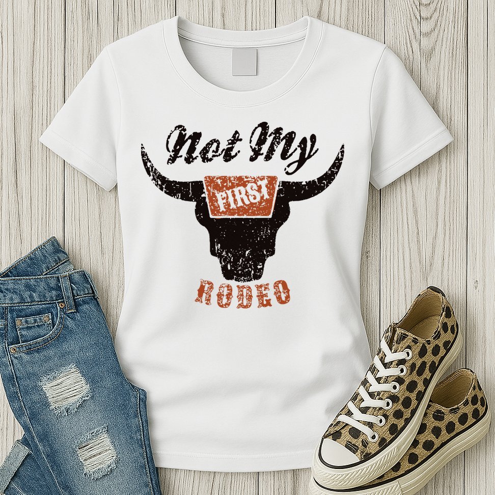 Retro Bull Skull Not My First Rodeo Western Country Cowboy Womens T-Shirt