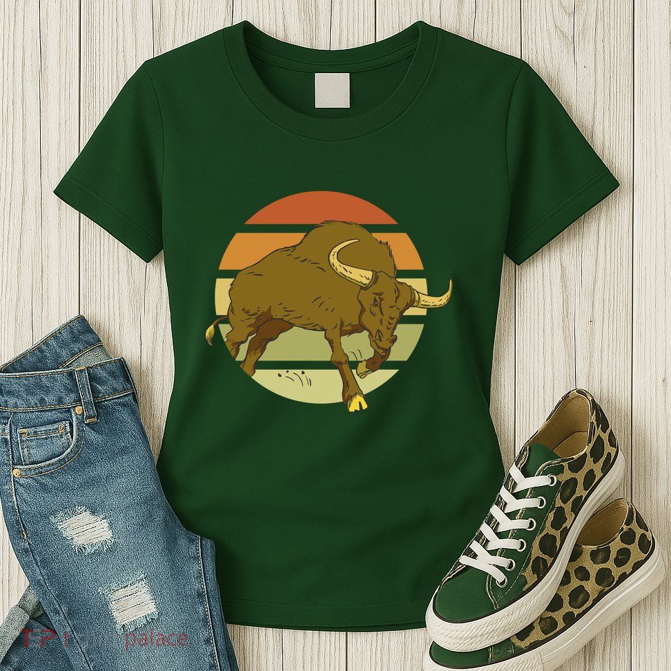 Retro Bull Sunset Womens T-Shirt