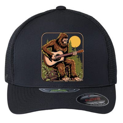 Retro Bigfoot Sasquatch Playing Acoustic Guitar Guitarist Flexfit Unipanel Trucker Cap