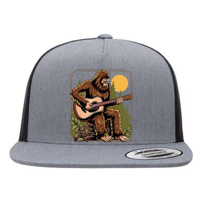 Retro Bigfoot Sasquatch Playing Acoustic Guitar Guitarist Flat Bill Trucker Hat