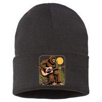 Retro Bigfoot Sasquatch Playing Acoustic Guitar Guitarist Sustainable Knit Beanie