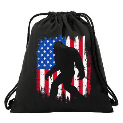 Retro Bigfoot Silhouette USA Flag Sasquatch Lovers July 4th Drawstring Bag