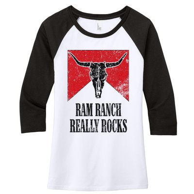 Retro Bull Skull Western Life Country Ram Ranch Really Rocks Women's Tri-Blend 3/4-Sleeve Raglan Shirt