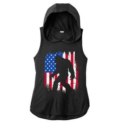 Retro Bigfoot Silhouette USA Flag Sasquatch Lovers July 4th Ladies PosiCharge Tri-Blend Wicking Draft Hoodie Tank