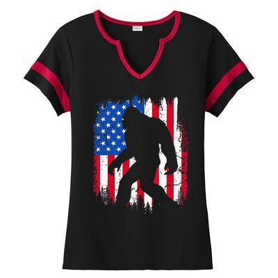 Retro Bigfoot Silhouette USA Flag Sasquatch Lovers July 4th Ladies Halftime Notch Neck Tee