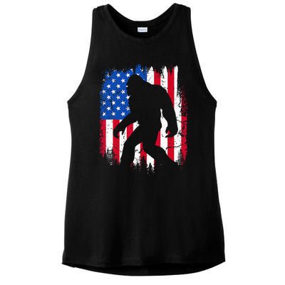 Retro Bigfoot Silhouette USA Flag Sasquatch Lovers July 4th Ladies PosiCharge Tri-Blend Wicking Tank