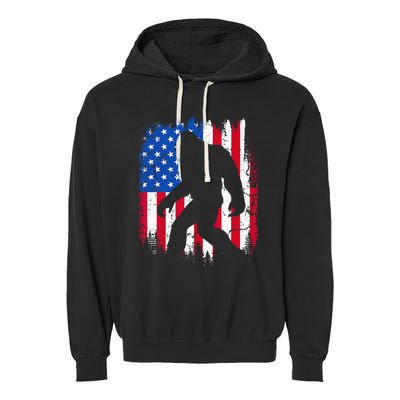 Retro Bigfoot Silhouette USA Flag Sasquatch Lovers July 4th Garment-Dyed Fleece Hoodie