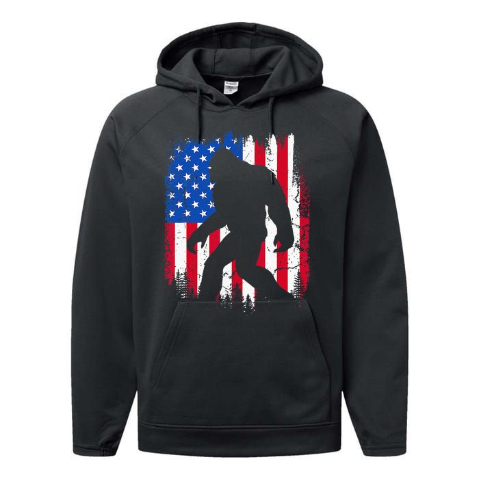 Retro Bigfoot Silhouette USA Flag Sasquatch Lovers July 4th Performance Fleece Hoodie