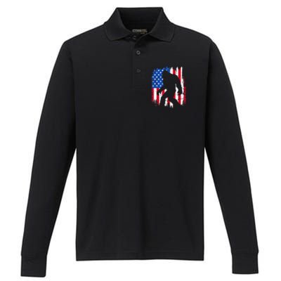 Retro Bigfoot Silhouette USA Flag Sasquatch Lovers July 4th Performance Long Sleeve Polo