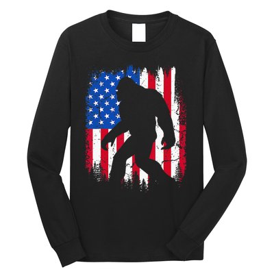 Retro Bigfoot Silhouette USA Flag Sasquatch Lovers July 4th Long Sleeve Shirt