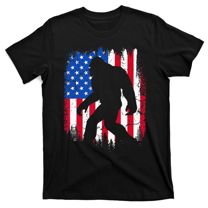 Retro Bigfoot Silhouette USA Flag Sasquatch Lovers July 4th T-Shirt