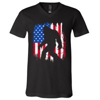 Retro Bigfoot Silhouette USA Flag Sasquatch Lovers July 4th V-Neck T-Shirt