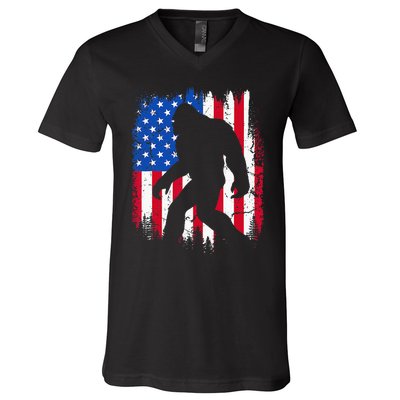 Retro Bigfoot Silhouette USA Flag Sasquatch Lovers July 4th V-Neck T-Shirt