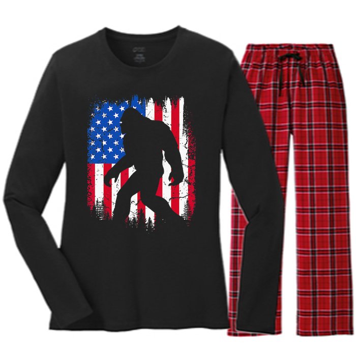 Retro Bigfoot Silhouette USA Flag Sasquatch Lovers July 4th Women's Long Sleeve Flannel Pajama Set 