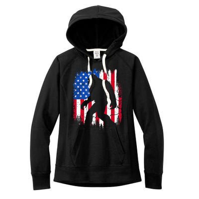 Retro Bigfoot Silhouette USA Flag Sasquatch Lovers July 4th Women's Fleece Hoodie