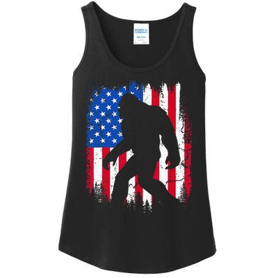 Retro Bigfoot Silhouette USA Flag Sasquatch Lovers July 4th Ladies Essential Tank