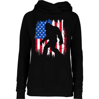 Retro Bigfoot Silhouette USA Flag Sasquatch Lovers July 4th Womens Funnel Neck Pullover Hood