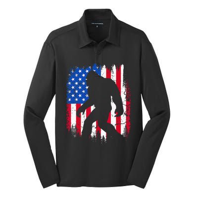 Retro Bigfoot Silhouette USA Flag Sasquatch Lovers July 4th Silk Touch Performance Long Sleeve Polo