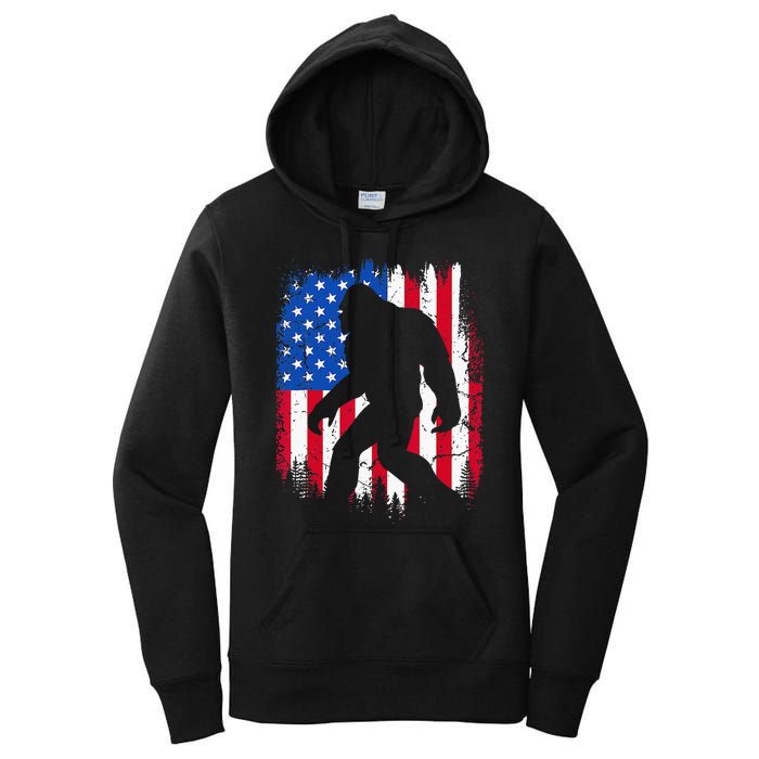 Retro Bigfoot Silhouette USA Flag Sasquatch Lovers July 4th Women's Pullover Hoodie