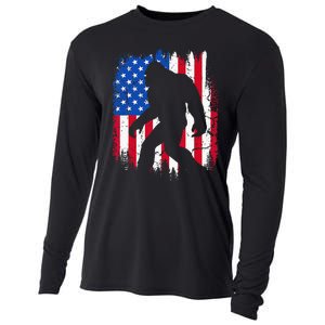 Retro Bigfoot Silhouette USA Flag Sasquatch Lovers July 4th Cooling Performance Long Sleeve Crew