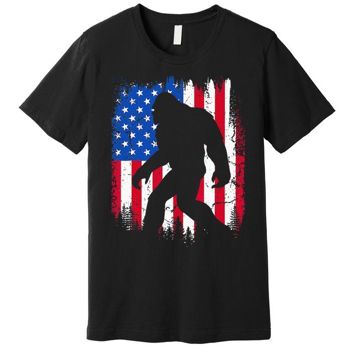 Retro Bigfoot Silhouette USA Flag Sasquatch Lovers July 4th Premium T-Shirt