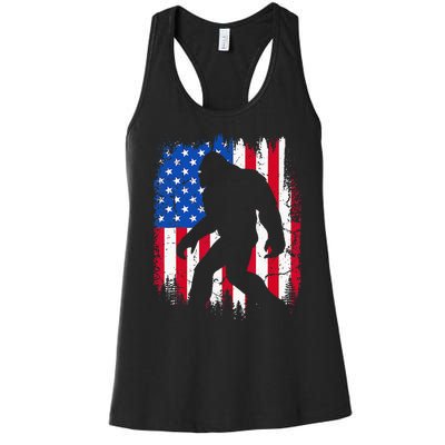 Retro Bigfoot Silhouette USA Flag Sasquatch Lovers July 4th Women's Racerback Tank