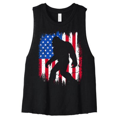 Retro Bigfoot Silhouette USA Flag Sasquatch Lovers July 4th Women's Racerback Cropped Tank