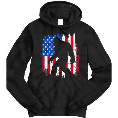 Retro Bigfoot Silhouette USA Flag Sasquatch Lovers July 4th Tie Dye Hoodie