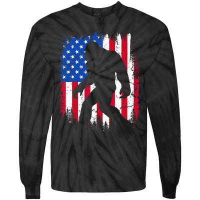 Retro Bigfoot Silhouette USA Flag Sasquatch Lovers July 4th Tie-Dye Long Sleeve Shirt