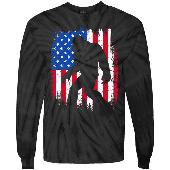 Retro Bigfoot Silhouette USA Flag Sasquatch Lovers July 4th Tie-Dye Long Sleeve Shirt