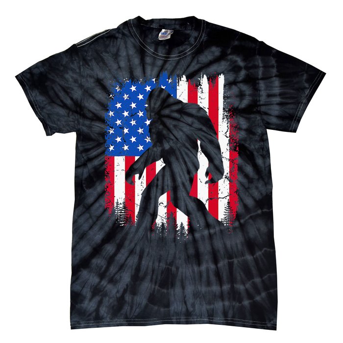 Retro Bigfoot Silhouette USA Flag Sasquatch Lovers July 4th Tie-Dye T-Shirt