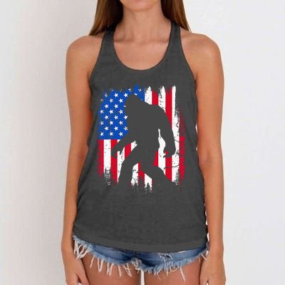 Retro Bigfoot Silhouette USA Flag Sasquatch Lovers July 4th Women's Knotted Racerback Tank