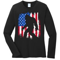 Retro Bigfoot Silhouette USA Flag Sasquatch Lovers July 4th Ladies Long Sleeve Shirt