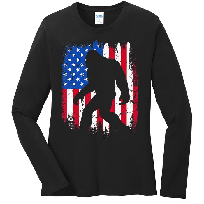 Retro Bigfoot Silhouette USA Flag Sasquatch Lovers July 4th Ladies Long Sleeve Shirt