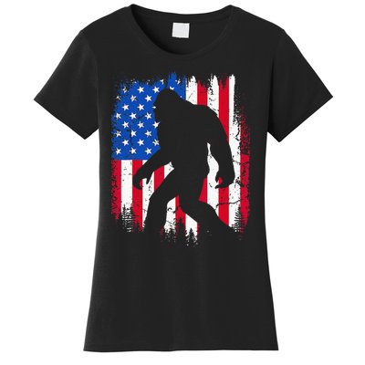 Retro Bigfoot Silhouette USA Flag Sasquatch Lovers July 4th Women's T-Shirt