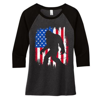 Retro Bigfoot Silhouette USA Flag Sasquatch Lovers July 4th Women's Tri-Blend 3/4-Sleeve Raglan Shirt