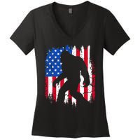 Retro Bigfoot Silhouette USA Flag Sasquatch Lovers July 4th Women's V-Neck T-Shirt