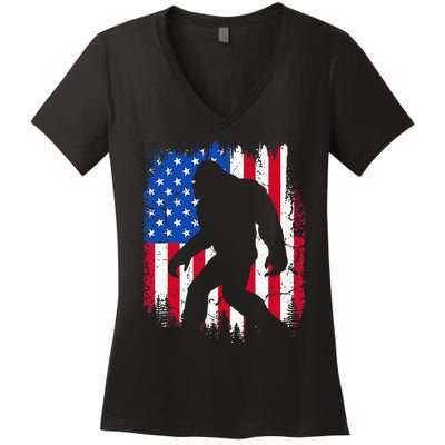 Retro Bigfoot Silhouette USA Flag Sasquatch Lovers July 4th Women's V-Neck T-Shirt