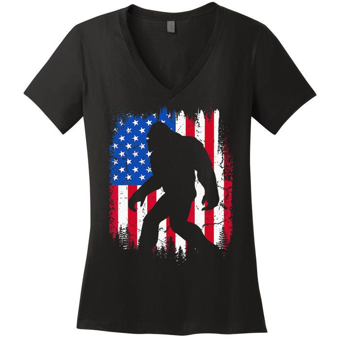 Retro Bigfoot Silhouette USA Flag Sasquatch Lovers July 4th Women's V-Neck T-Shirt