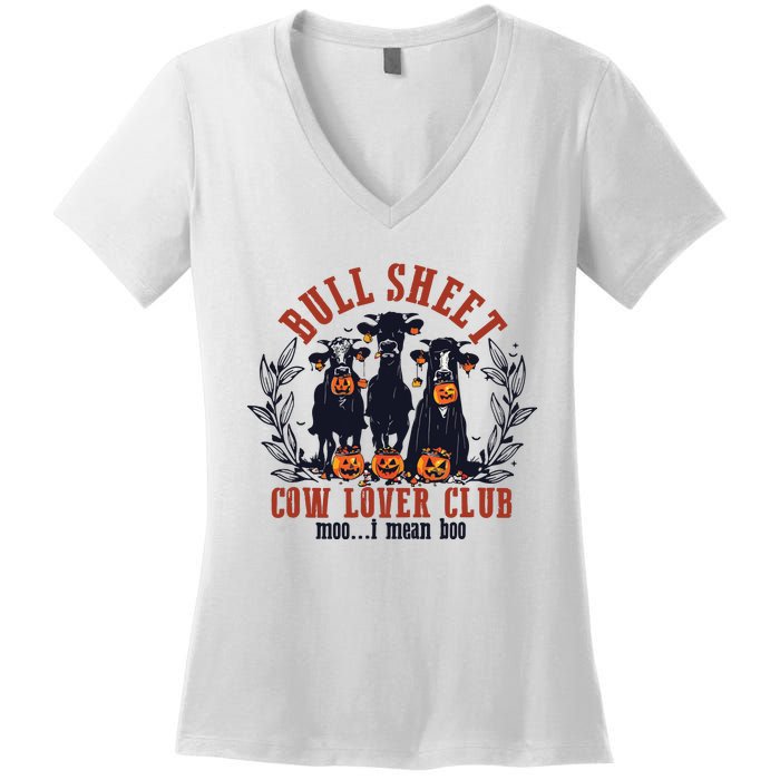 Retro Bull Sheet Cow Lover Club Funny Pumpkins Halloween Women's V-Neck T-Shirt