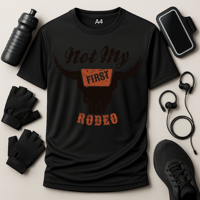 Retro Bull Skull Not My First Rodeo Western Country Cowboy Cooling Performance Crew T-Shirt