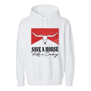 Retro Bull Skull Western Country Save A Horse Ride A Cow Gift Garment-Dyed Fleece Hoodie