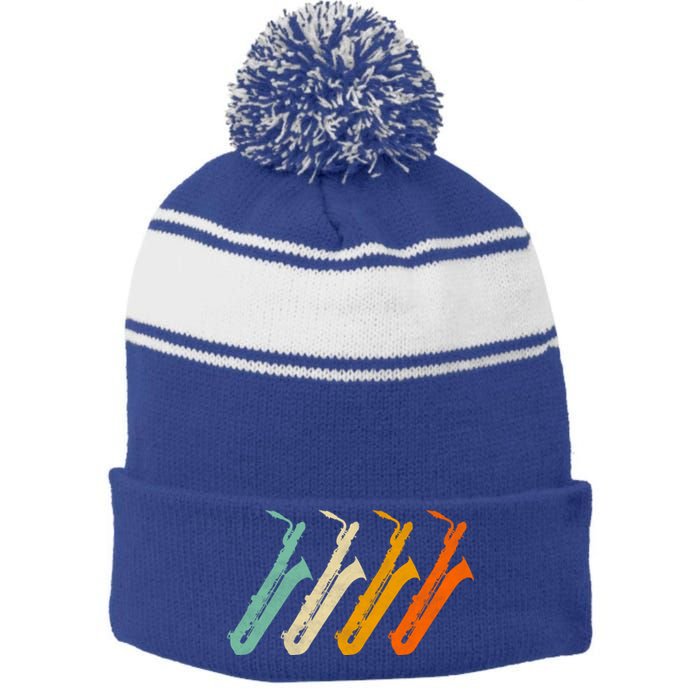 Retro Baritone Saxophone Gift For Bari Saxophonist Gift Stripe Pom Pom Beanie