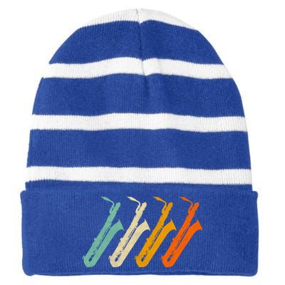 Retro Baritone Saxophone Gift For Bari Saxophonist Gift Striped Beanie with Solid Band