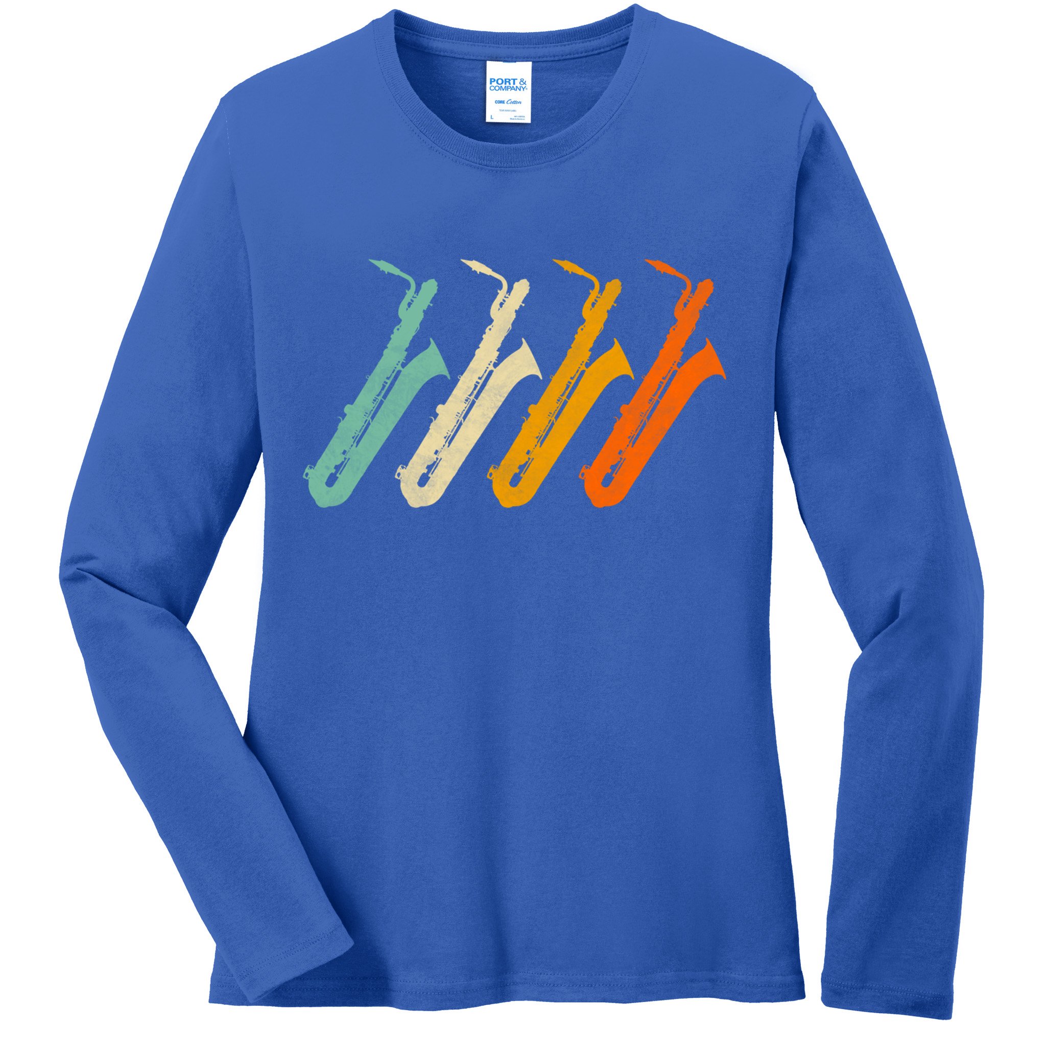 Retro Baritone Saxophone Gift For Bari Saxophonist Gift Ladies Long Sleeve Shirt