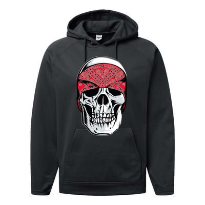 Red Bandana Skull Gangster Og Biker Graphic Skull Face Performance Fleece Hoodie