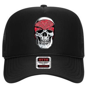 Red Bandana Skull Gangster Og Biker Graphic Skull Face High Crown Mesh Back Trucker Hat